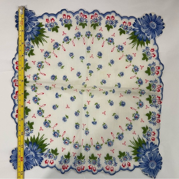 Vintage Floral Handkerchief Blue Flowers Cottagecore Decor Hanky 13” - Picture 3 of 7